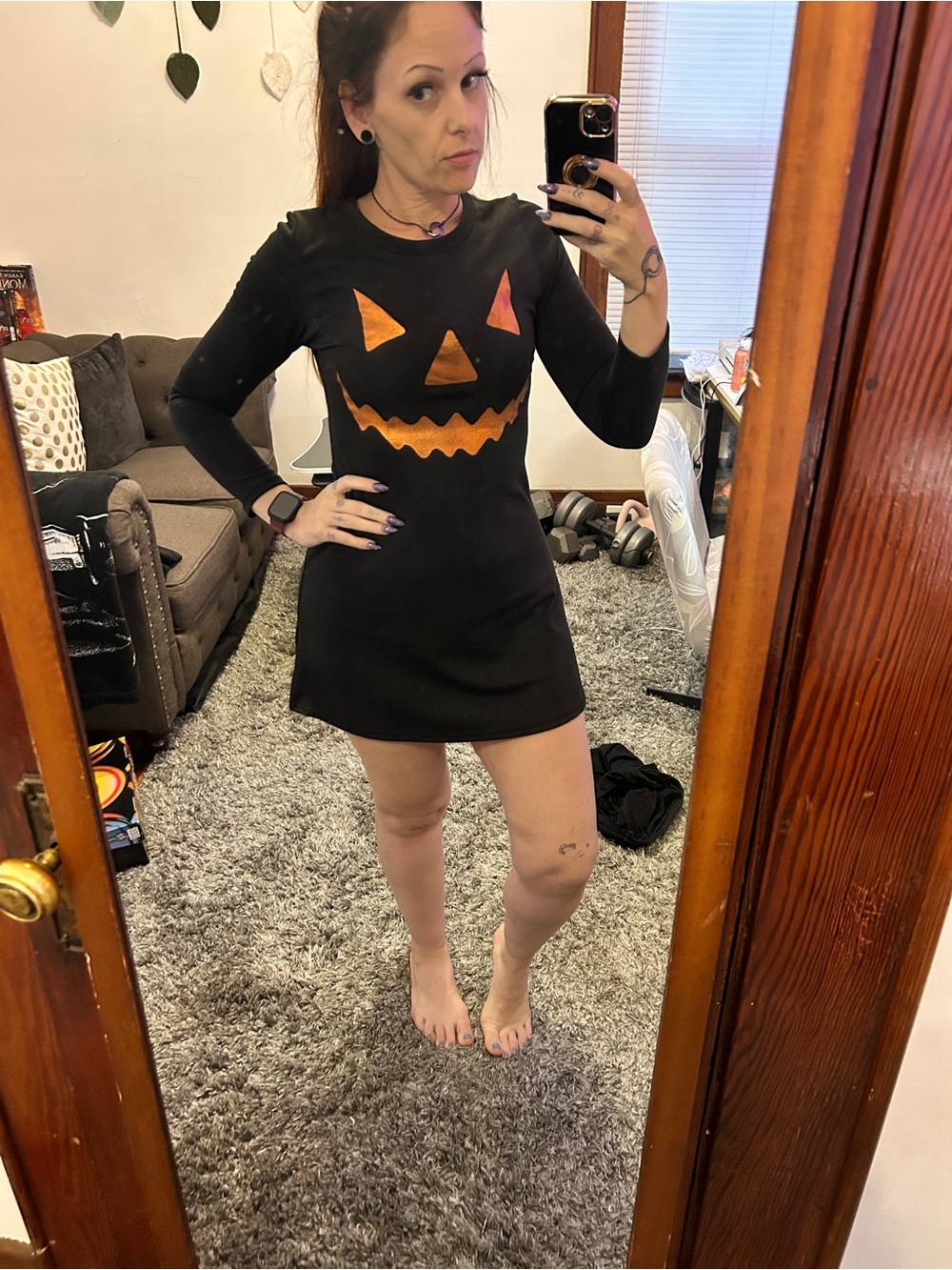 Halloween Jack-O'-Lantern Long Sleeve Mini Dress - Black & Orange